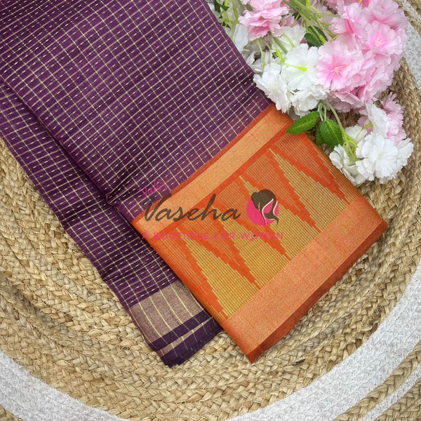 Semi Raw Silk - Lakshadeepam Design - Dark Purple With Rust Orange Shade - VVRS008