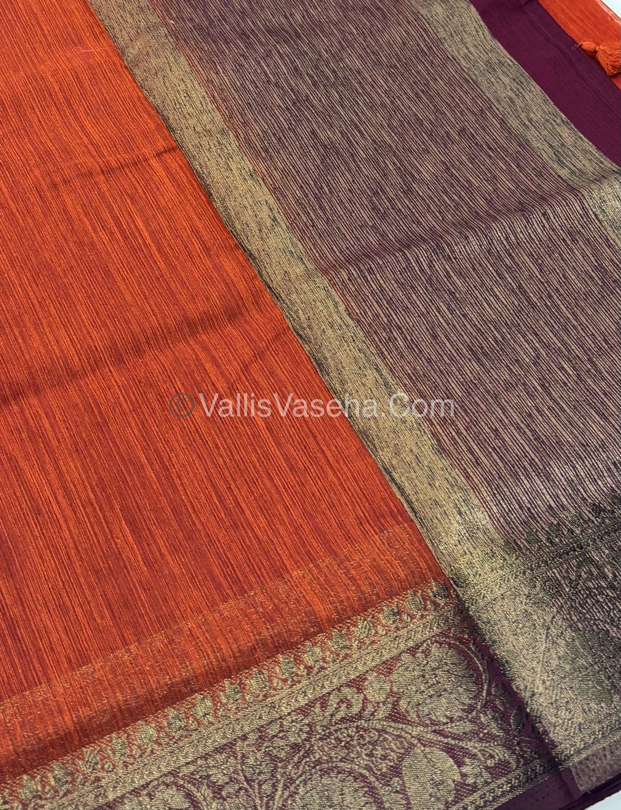 Bamboo Silk Saree - Orange With Maroon Shade - VVBSS007