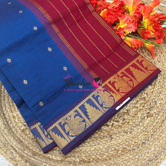 Semi Silk Cotton Saree - Small Zari Butta  - Retta Mayil Border- VVSSC015