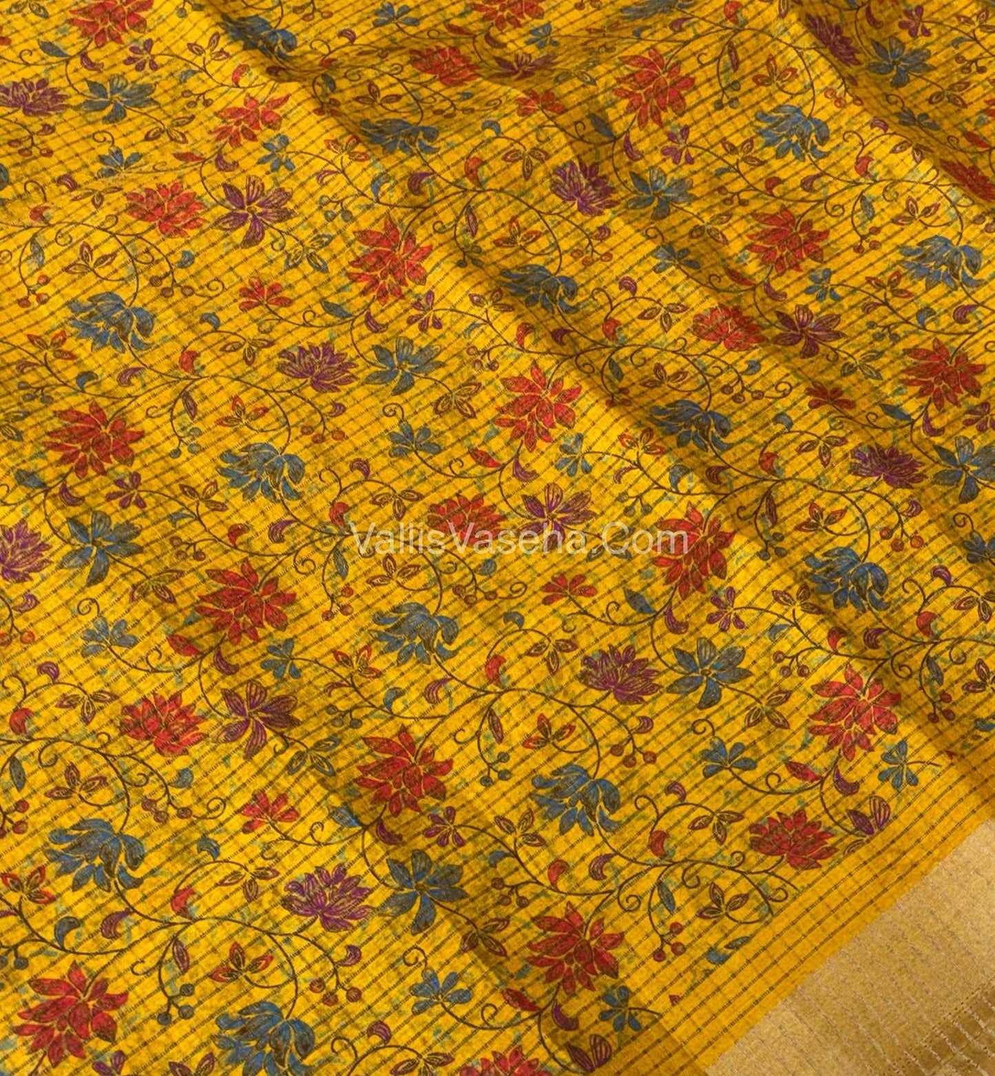 Light Weight Fancy Mixed Kota Cotton - Floral Design Printed Saree - Yellow Shade - VVKPC002
