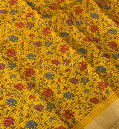 Light Weight Fancy Mixed Kota Cotton - Floral Design Printed Saree - Yellow Shade - VVKPC002