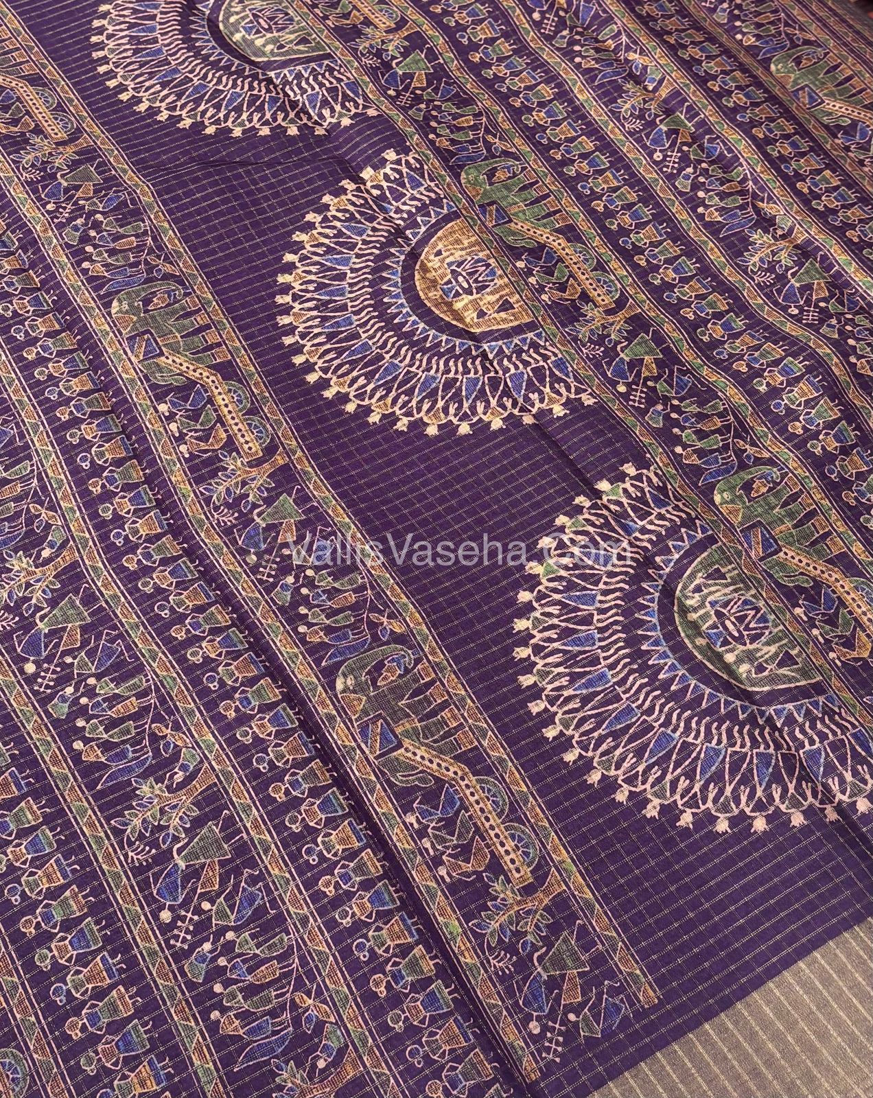 Light Weight Fancy Mixed Kota Cotton - Varli Design Printed Saree - Purple Shade - VVKPC001