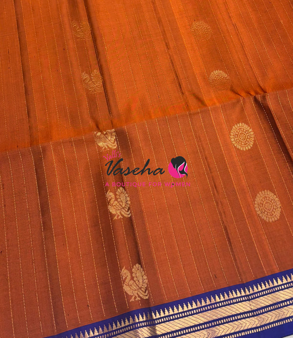 Pure Soft Silk Saree  - Rust Orange With Blue Combo - VVPSS150