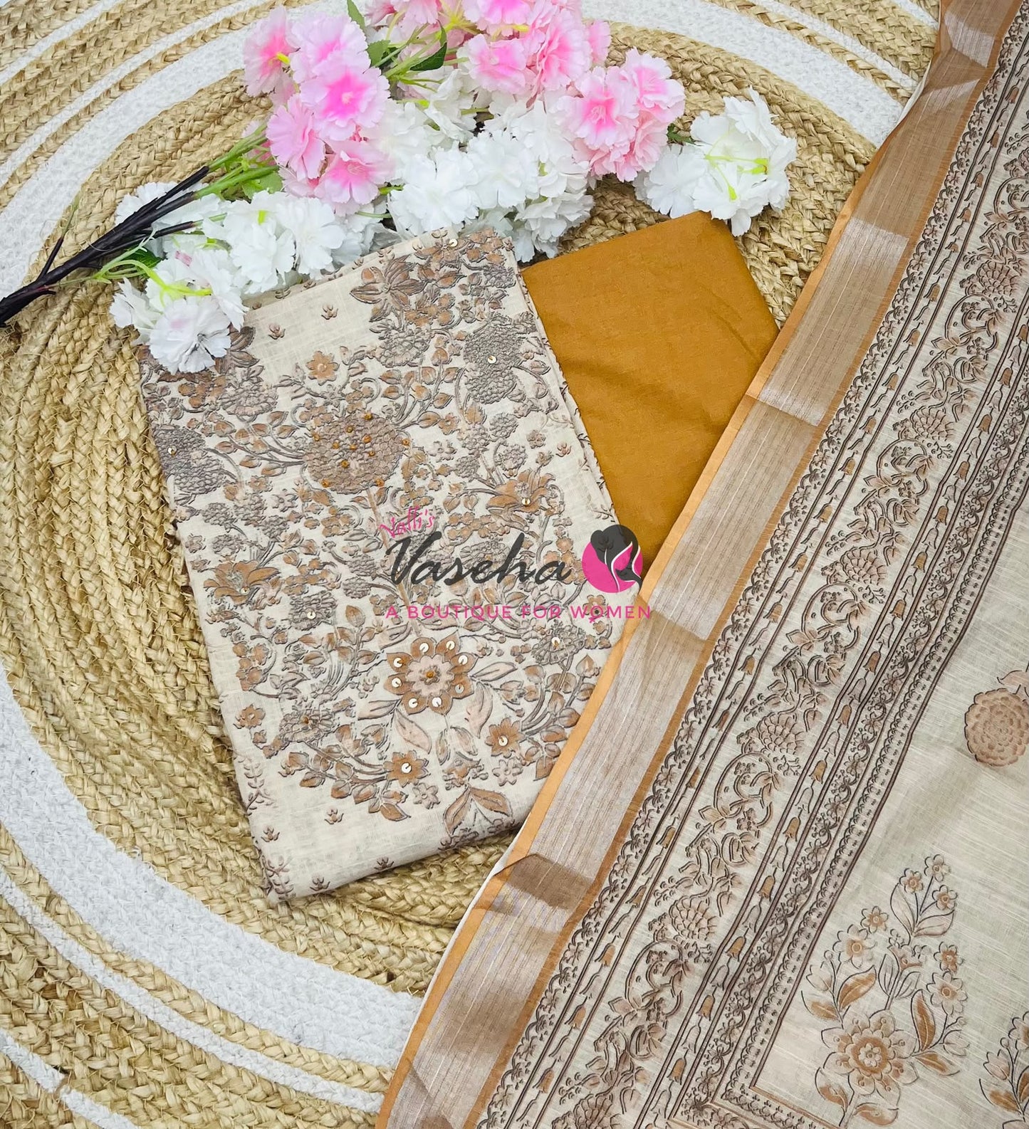 Unstitched Linen Material | Cream With Biscuit / Orange | VVUSM054