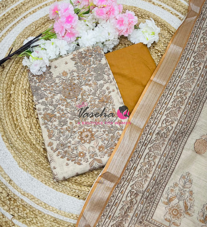 Unstitched Linen Material | Cream With Biscuit / Orange | VVUSM054