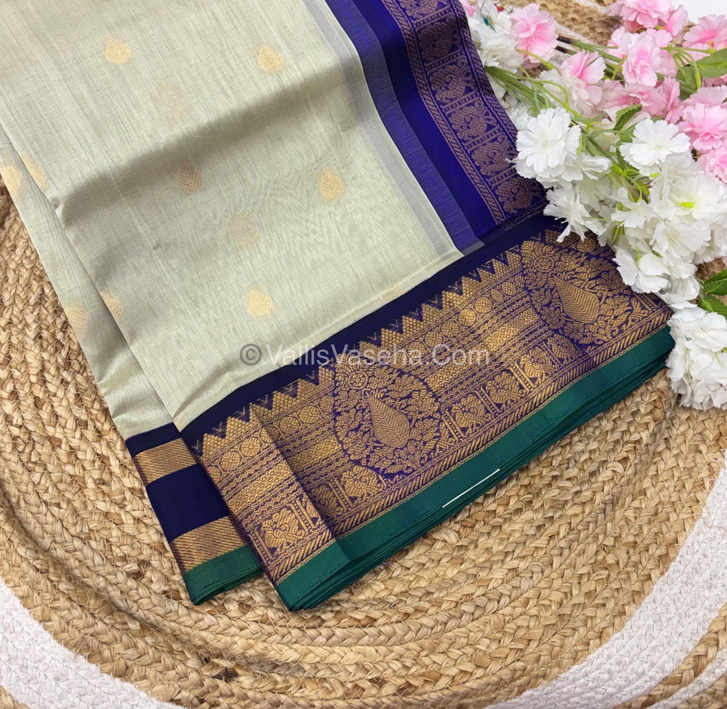 Pure Korvai Silk Cotton Saree - Grey  with Blue - VVKSC019