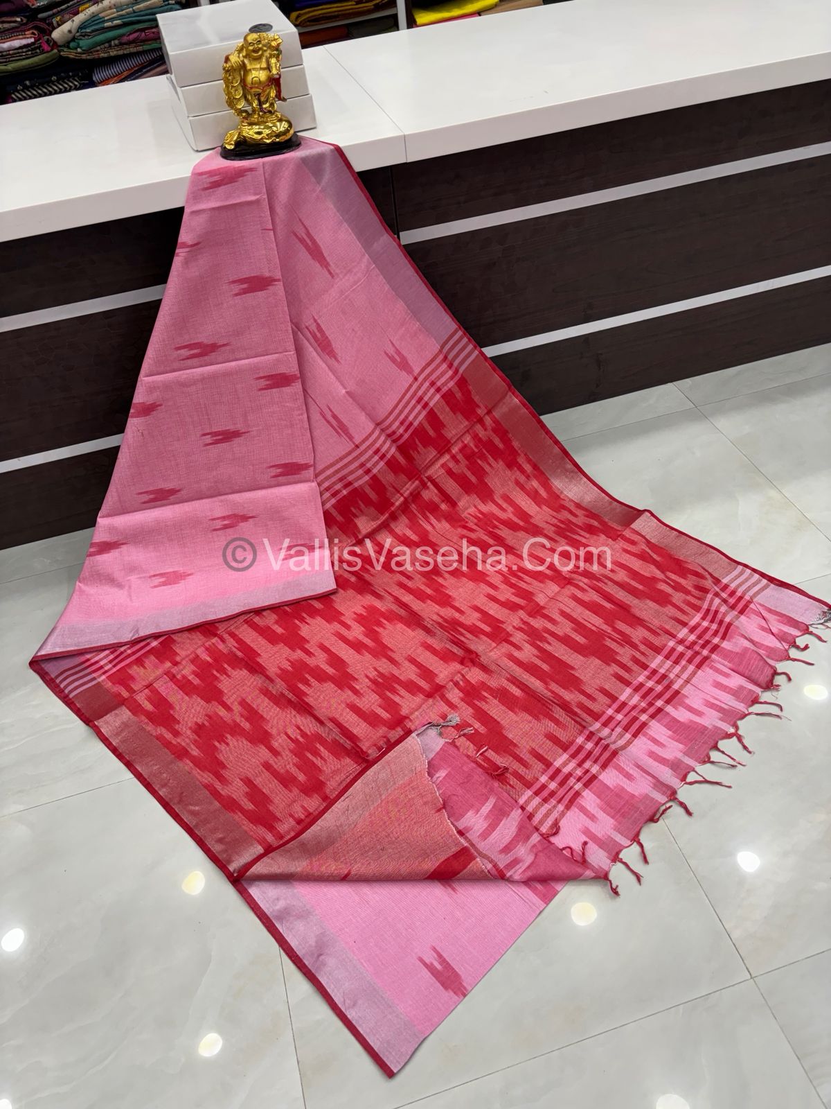 Bhagalpuri Linen Cotton Saree - Ikkat Print - Pink With Red  Shade - VVBLC001