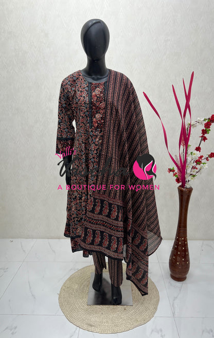 Ready Made | Anarkali - Kalamkari Print |Salwar, Kameez & Duppatta(3pc)|Cotton |Black - VVAS008