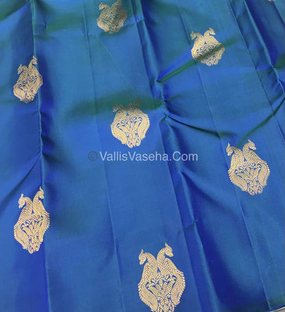Pure Kanchipuram Silk Saree - Borderless - Peacock Blue with Yellow - VVPS043