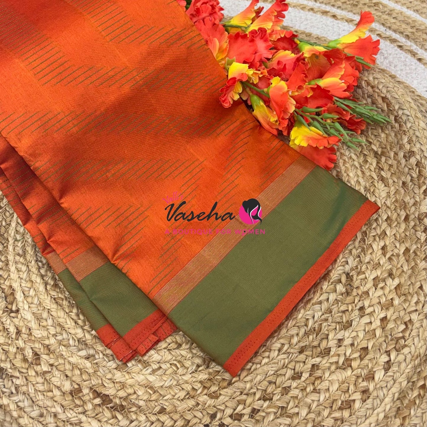 Semi Silk Saree - Thread Work Weaving - Orange With Green - VVSSS0038