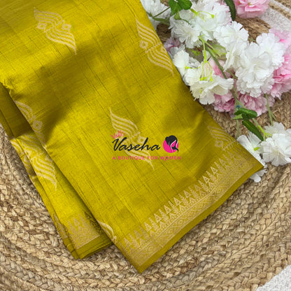 Semi Tussar Silk Saree | Lemon Green Shade |VVSTS072