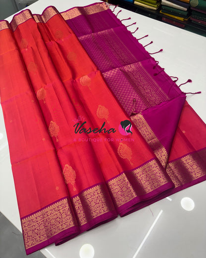 Pure Soft Silk Saree - Peachish Orange With Pink - Velum & Mayilum - Kanchi Border - VVPSS015