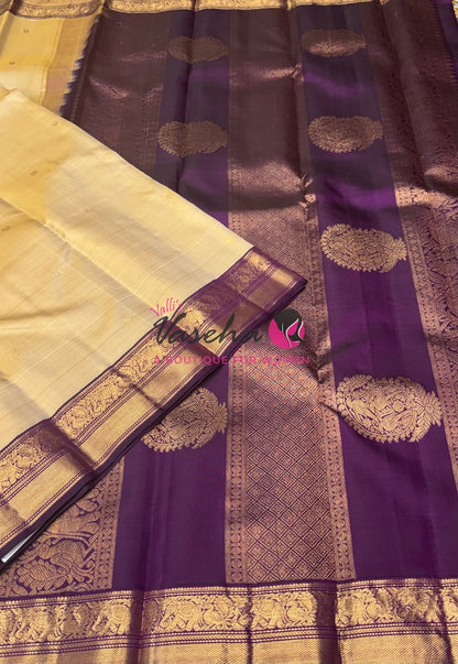 Pure Vintage Korvai Kanchipuram Silk Saree - Cream & Purple Combo - VVPS046