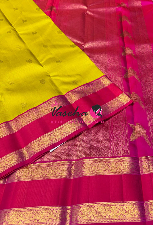 Pure  Kanchipuram Silk Saree - Lemon Green & Pink Combo - VVPS071