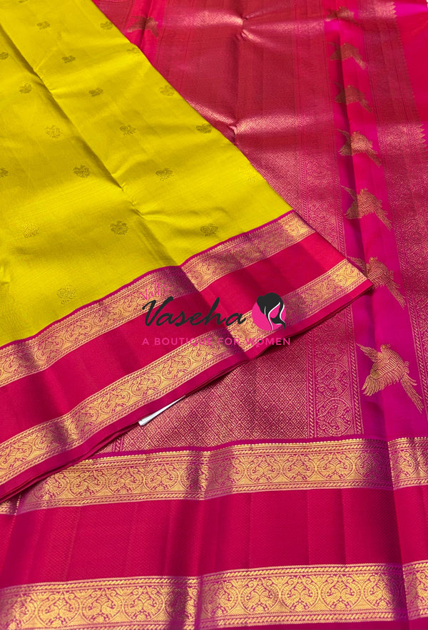 Pure  Kanchipuram Silk Saree - Lemon Green & Pink Combo - VVPS071