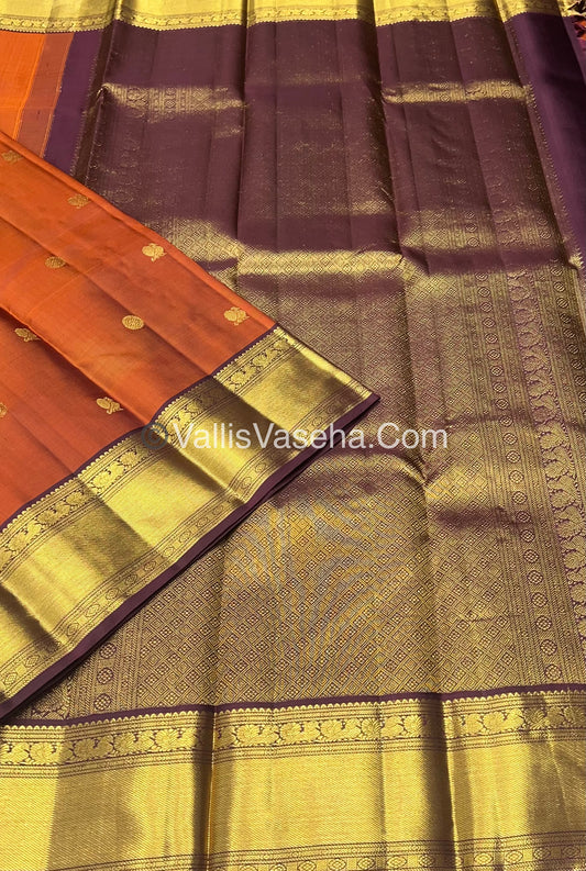 Pure Kanchipuram Silk Saree - Dark Rust Orange with Wine Brown Combo - VVPS021