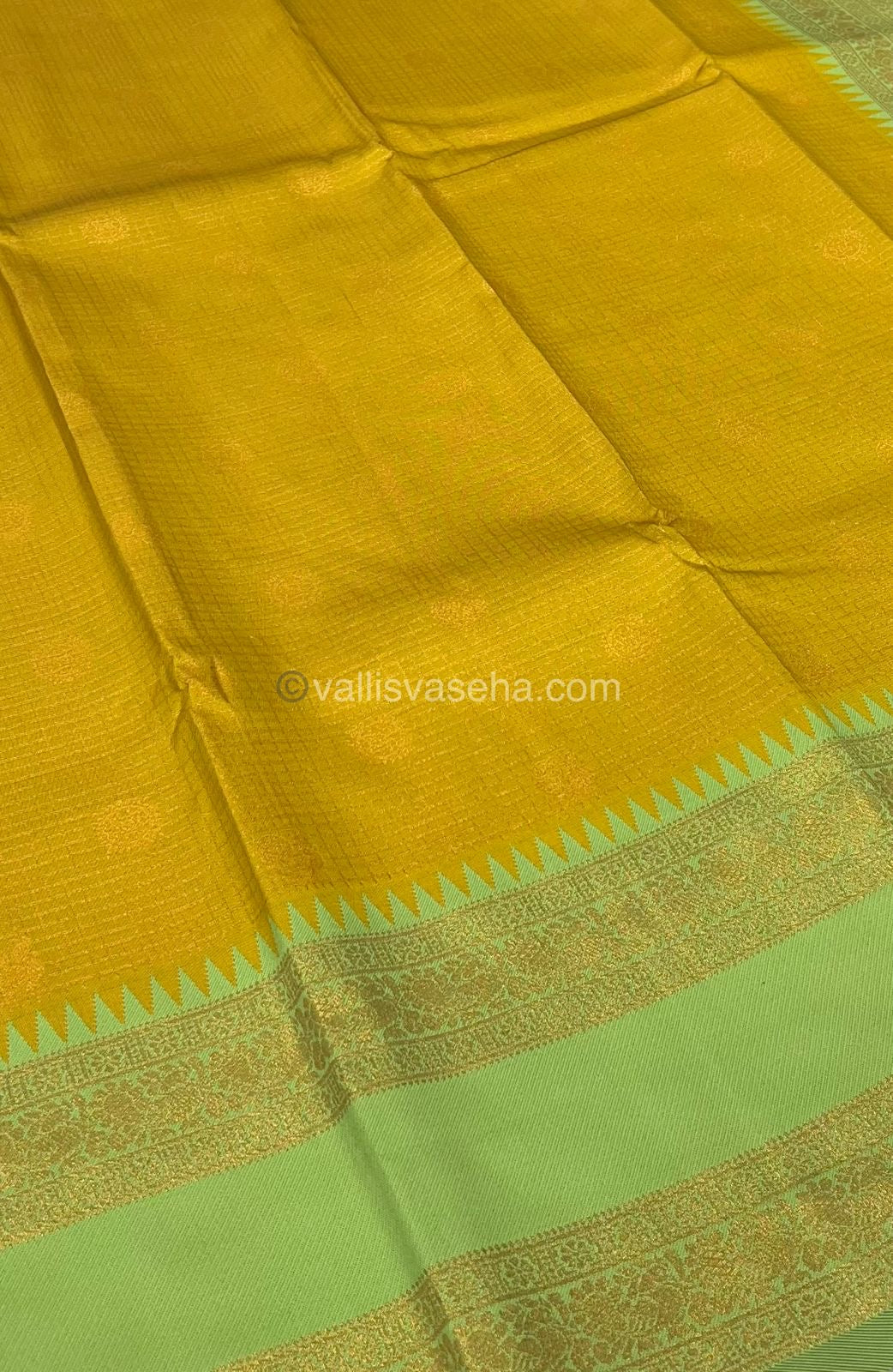 Kanchi Semi Silk -Yellow with Green - Mayil & Chakkaram design - VVKSS001