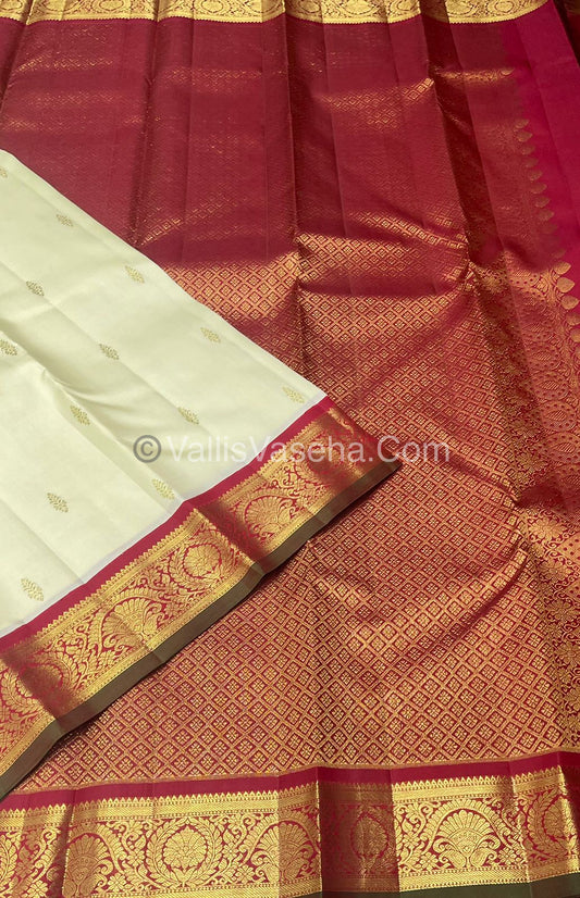 Pure Vintage Korvai Kanchipuram Silk Saree - Half White / Light Cream & Maroon Combo - VVPS021