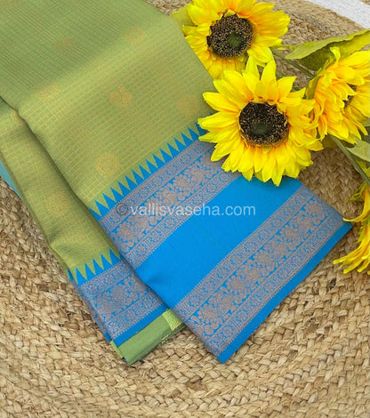 Kanchi Semi Silk - Green with Blue  - Mayil & Chakkaram design - VVKSS001