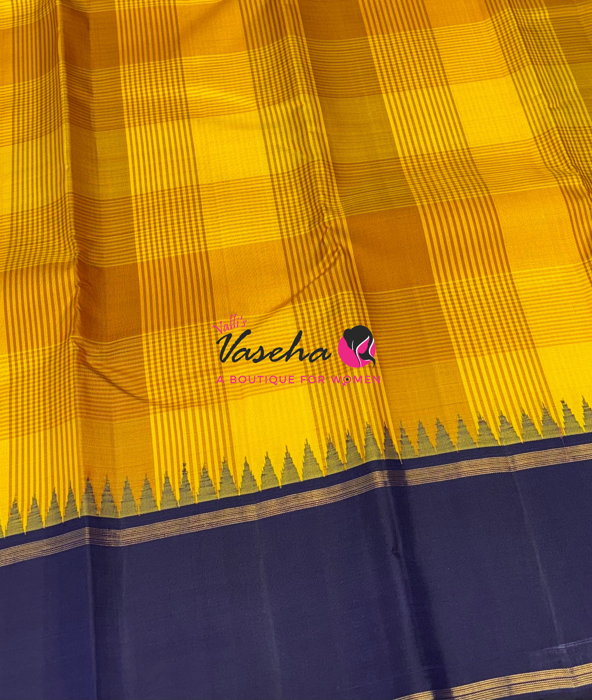 Pure Kanchipuram Silk Saree - Yellow With Navy Blue - VVPS069