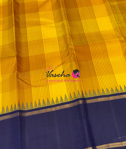 Pure Kanchipuram Silk Saree - Yellow With Navy Blue - VVPS069