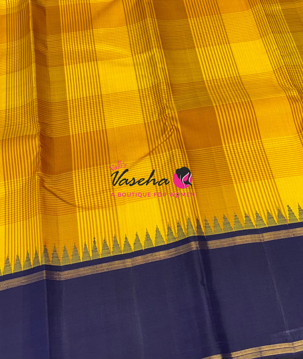 Pure Kanchipuram Silk Saree - Yellow With Navy Blue - VVPS069