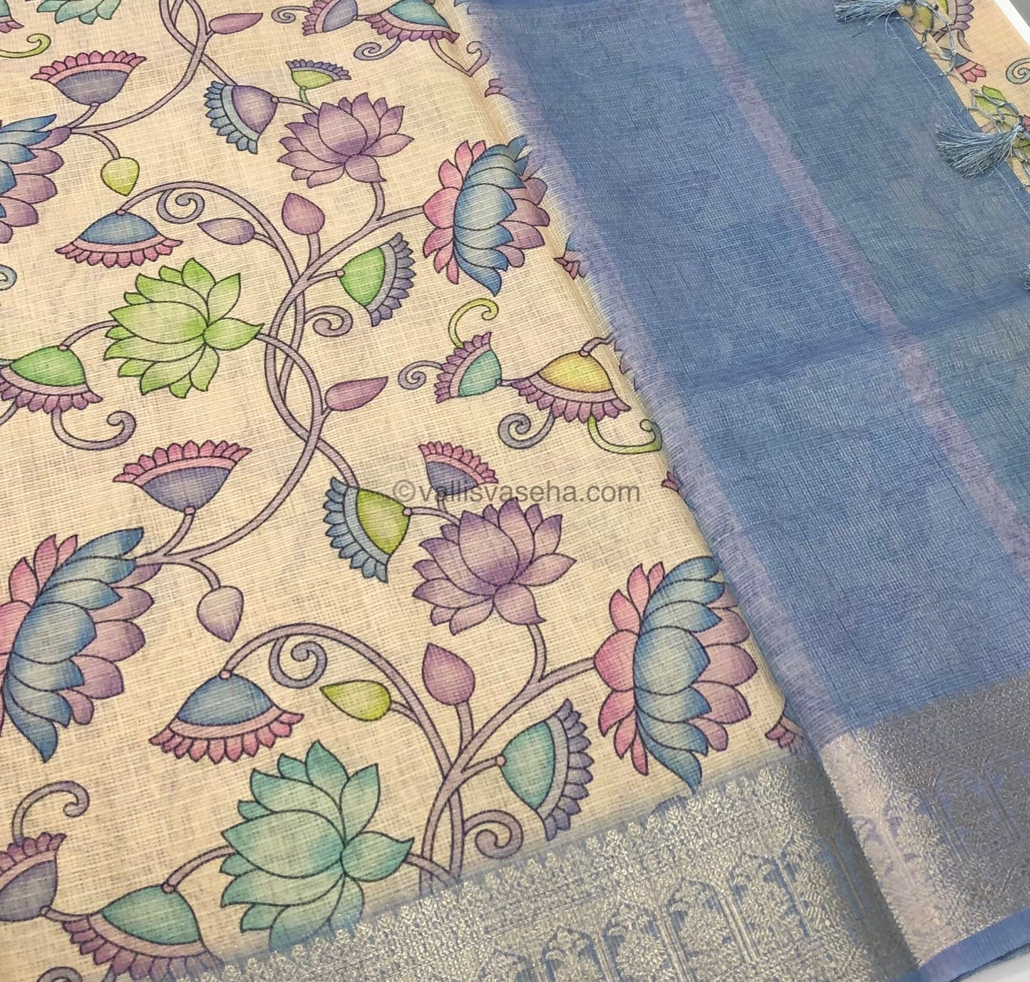 Semi Zari Kota Tissue - Kalamkari design - Greyish Blue Shade - VVKT001