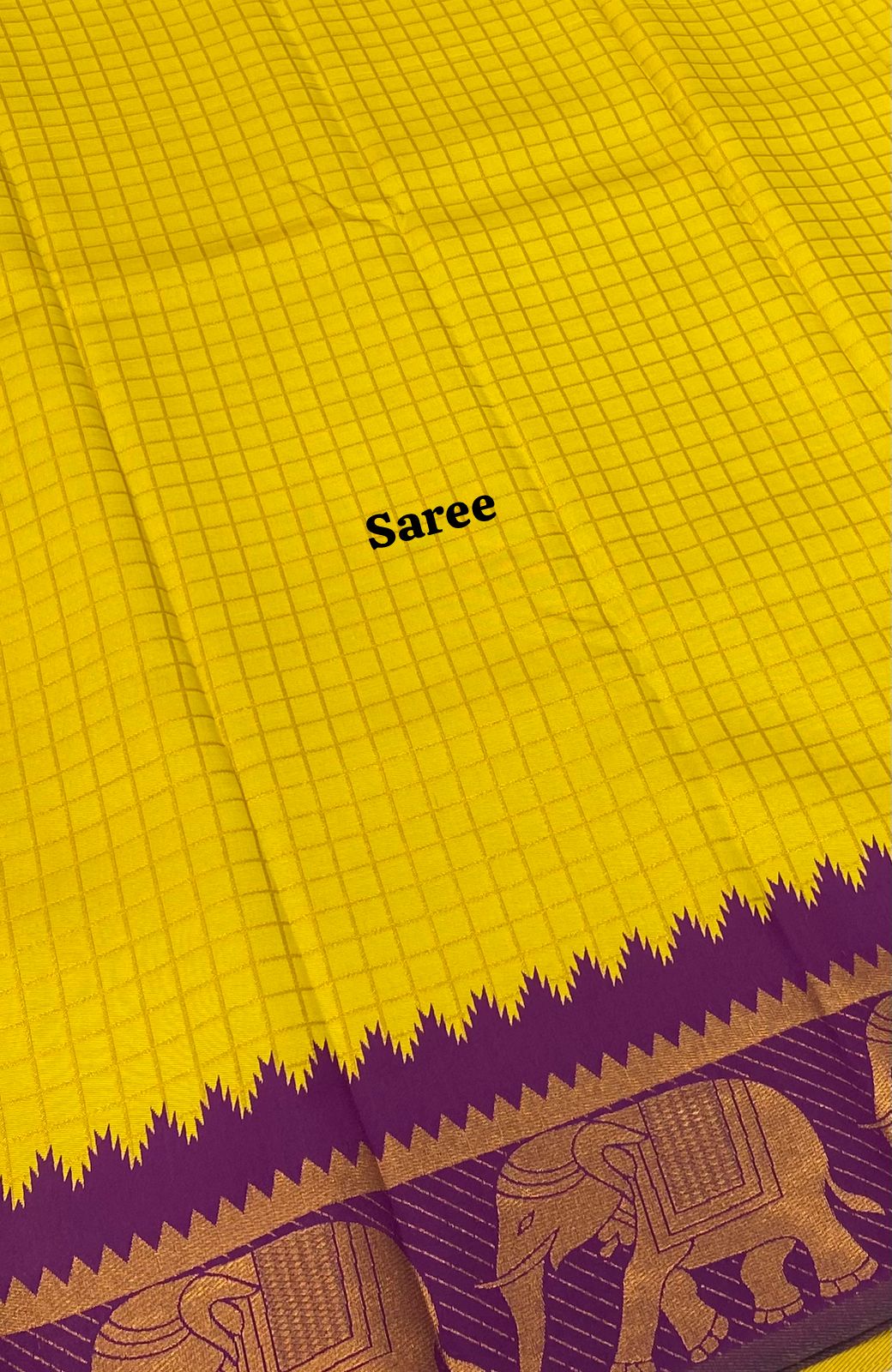 Semi Silk Saree - Kanchi Silk Style - Elephant Border - Yellow with Purple - VVSSS005