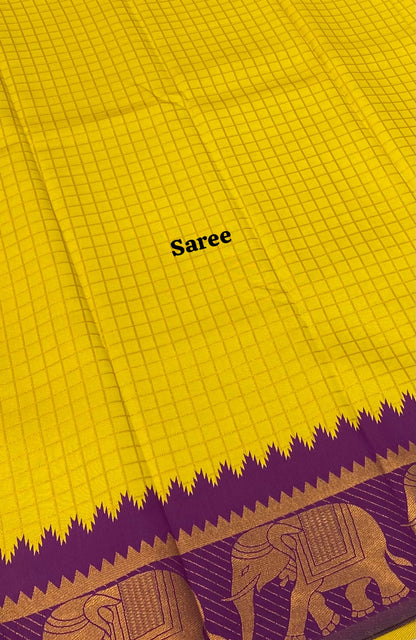 Semi Silk Saree - Kanchi Silk Style - Elephant Border - Yellow with Purple - VVSSS005