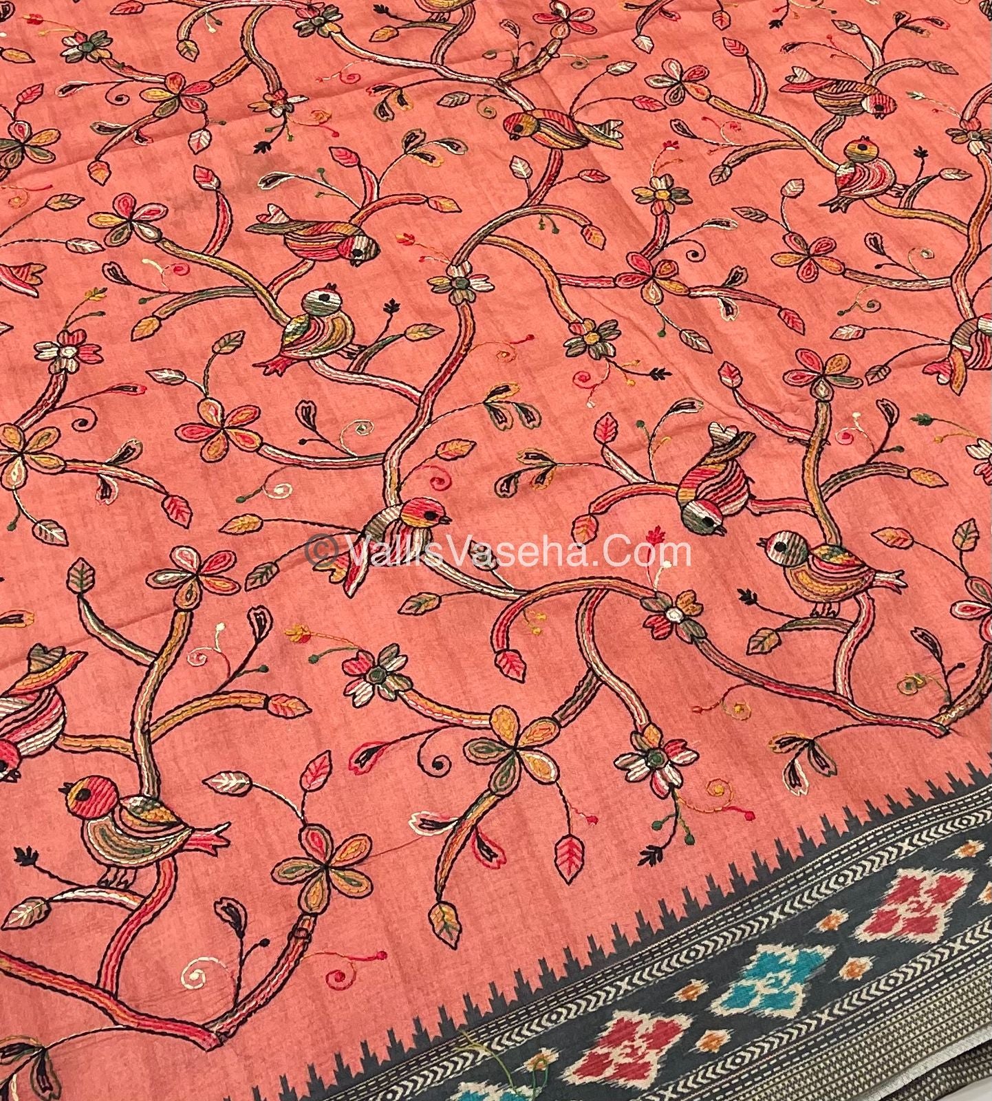 Semi Tussar - Kantha Work Embroidery - Orange Peach Shade - VVSTK001