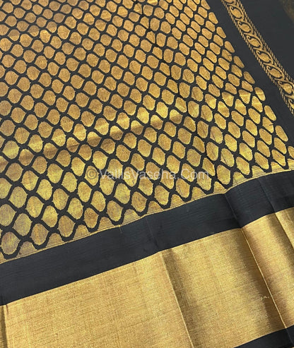 Pure Korvai Silk Cotton Saree - Yellow With Black Shade Temple border - VVKSC001
