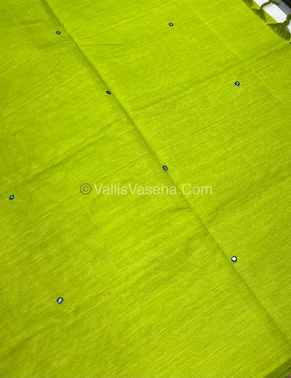 South Mixed Cotton - Mirror Work Embroidery - Lemon Green With Blue - VVPCM002
