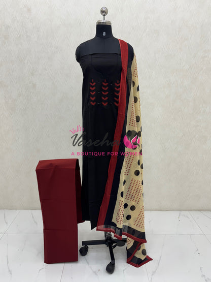 Unstitched Cotton Material |  Black & Merun Shade | VVUSM070