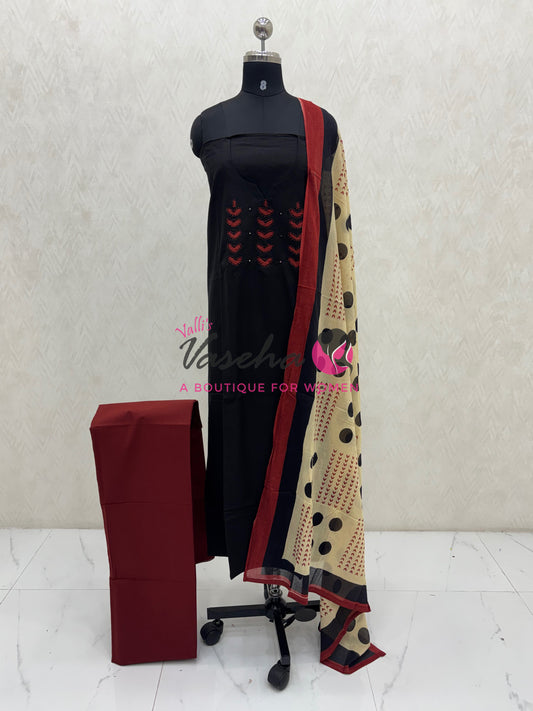 Unstitched Cotton Material |  Black & Merun Shade | VVUSM070