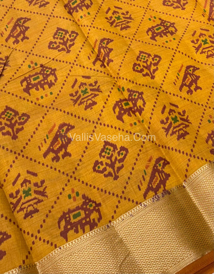 Semi Tussar Silk Saree - Ikkat / Pochampally Design - Mustard Yellow Shade - VVSTS034