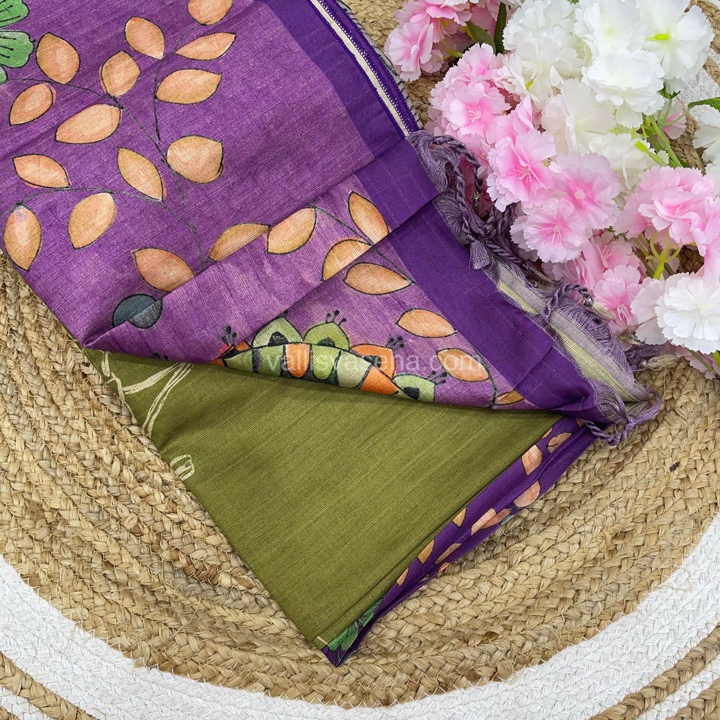 Semi Tussar Saree - Green with Purple Combo -  VVSTS003