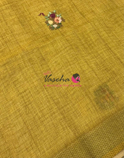 French Knot - Linen Tissue Saree - Mustard Yellow Shade - VVLFN017