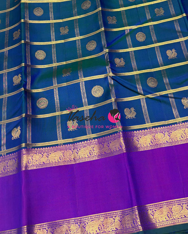 Pure Bridal Kanchipuram Silk Saree -  Peacock Blue & Purple Combo - VVPS076