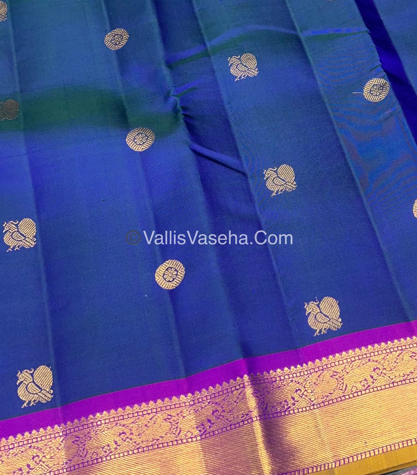 Pure Kanchipuram Silk Saree - Peacock Blue With Purple Shade  - VVPS022