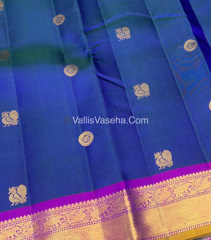 Pure Kanchipuram Silk Saree - Peacock Blue With Purple Shade  - VVPS022