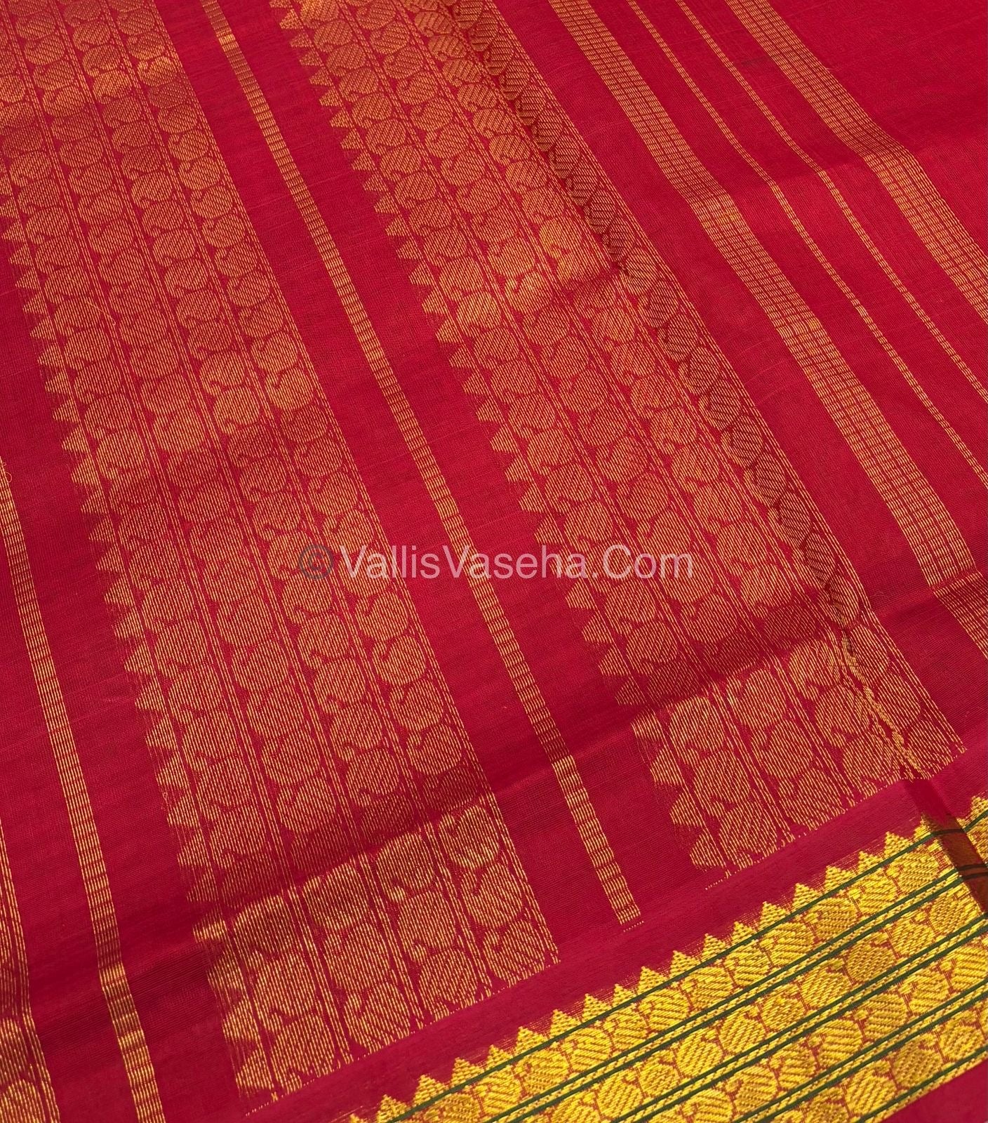 Pure Korvai Silk Cotton - Podi Kattam - Retta Petta Border - Yellow & Green & with Red - VVKSC003