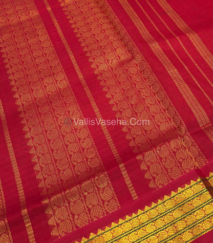 Pure Korvai Silk Cotton - Podi Kattam - Retta Petta Border - Yellow & Green & with Red - VVKSC003