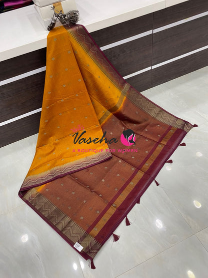Semi Jute Silk Saree -  Yellow With Red Shade- VVSJS002