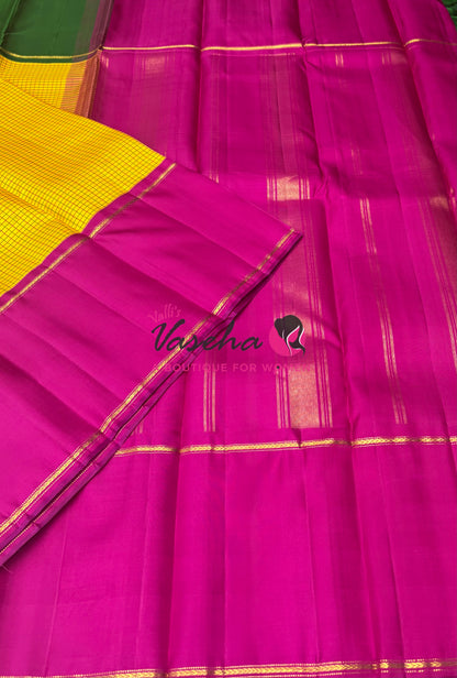 Pure Vintage Korvai Kanchipuram Silk Saree - Ganga Jamuna Style - Yellow & Pink/Green Combo - VVPS053