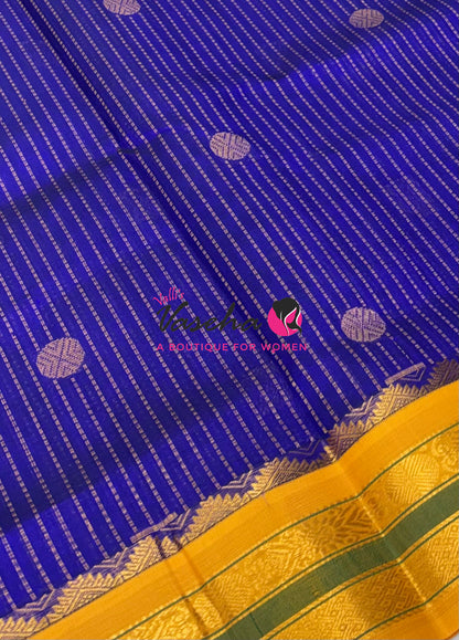 Pure Korvai Silk Cotton - Vairavoosi Lines - Blue With Yellow Shade  - VVKSC039