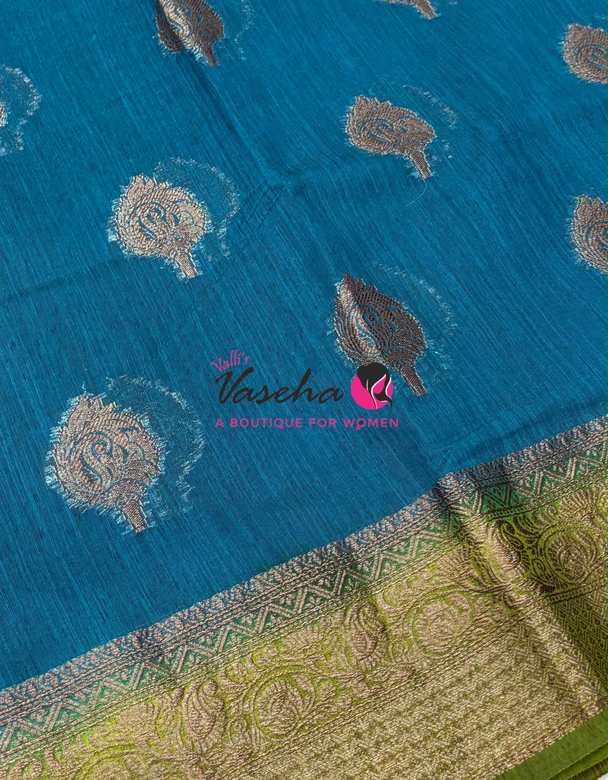Bamboo Silk Saree - Blue With Green - VVBSS019