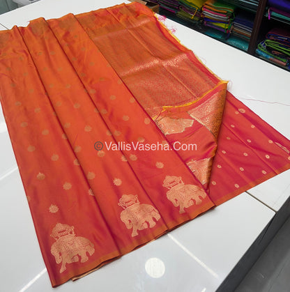 Semi Soft Silk - Elephant Butta Border - Peachish Orange Shade -VVSSS011
