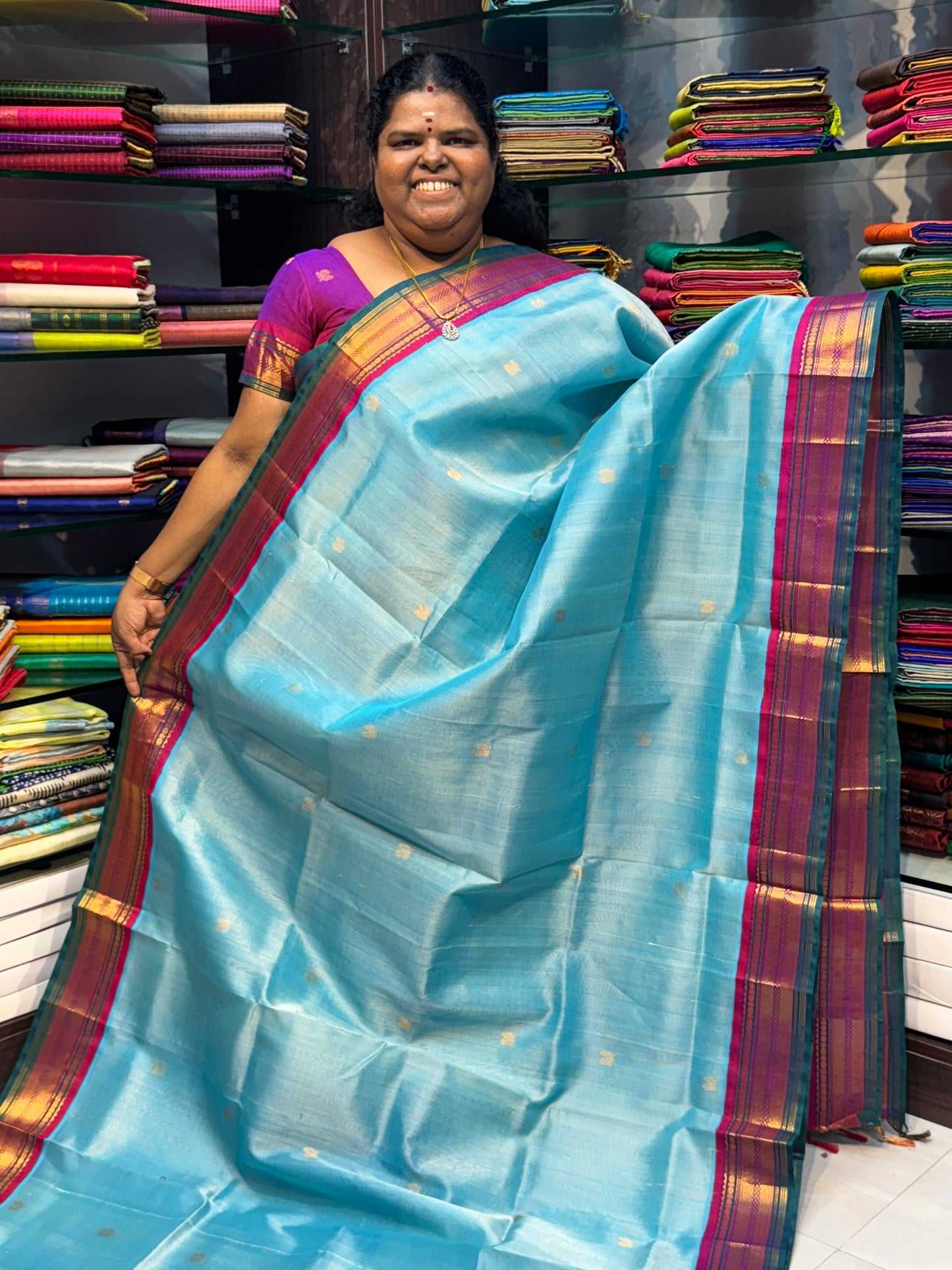 Pure Korvai Silk Cotton Saree - Ice Blue with Purple & Green - VVKSC004