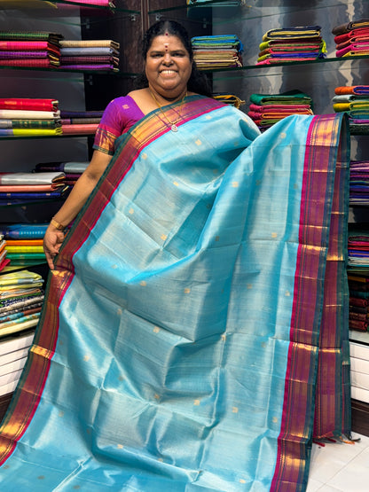 Pure Korvai Silk Cotton Saree - Ice Blue with Purple & Green - VVKSC004