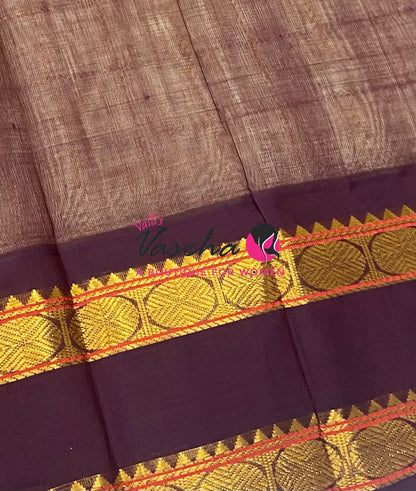 Pure Korvai Silk Cotton With Retta Petta Border - Checks pattern - Cream & Wine Brown - VVKSC013